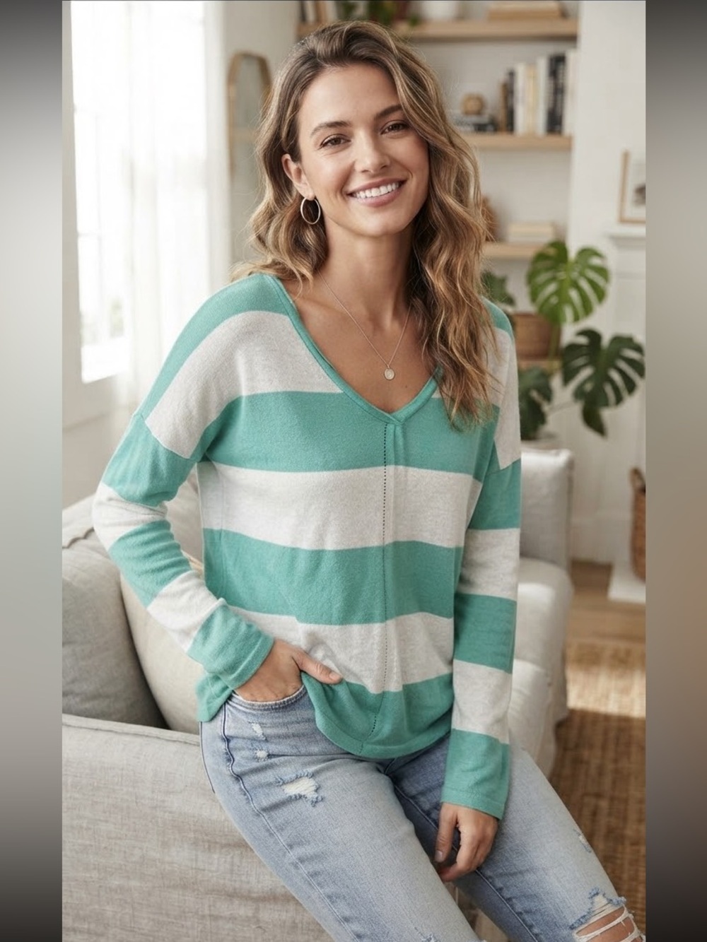 Tommy Bahama Relax Green White Striped Knit Boat Neck Sweater Sz L Cotton